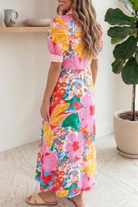 KaleaBoutique Stylish Floral Print Striped Trim Button Down Short Sleeve Vacation Dress - KaleaBoutique.com