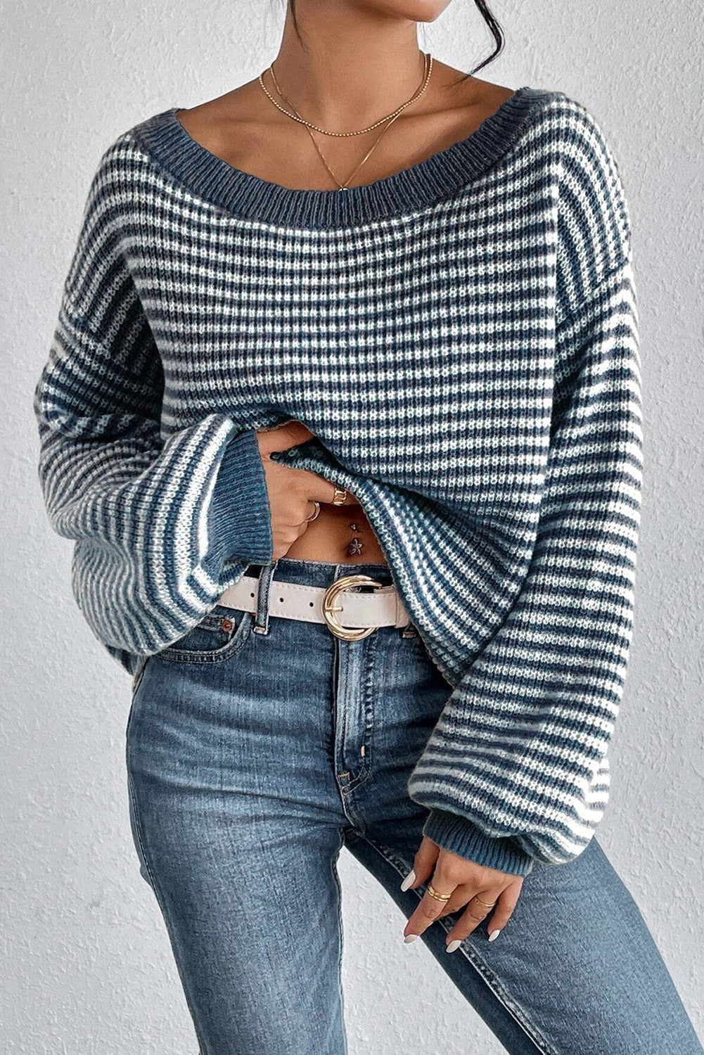 KaleaBoutique Striped Lantern Sleeve Drop Shoulder Cozy Sweater - KaleaBoutique.com