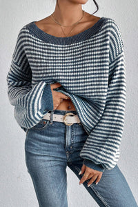 KaleaBoutique Striped Lantern Sleeve Drop Shoulder Cozy Sweater - KaleaBoutique.com
