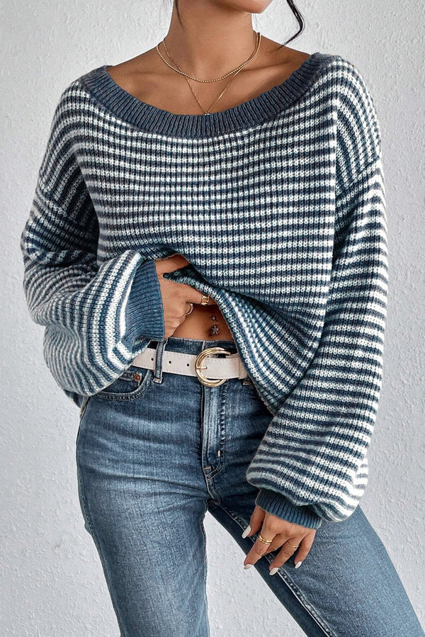 KaleaBoutique Striped Lantern Sleeve Drop Shoulder Cozy Sweater - KaleaBoutique.com