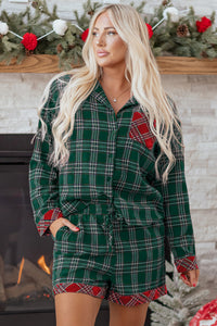 KaleaBoutique Comfortable Plaid Contrast Patched Christmas Holiday Long Sleeve Shirt and Short 2pcs Pajama Set - KaleaBoutique.com