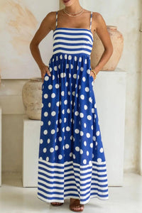 KaleaBoutique Stylish Striped Polka Dot Patchwork High Waist Spaghetti Straps Maxi Dress - KaleaBoutique.com