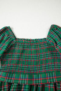 Tartan Plaid Square Neck Puff Sleeve Knot Waist Flared Midi Dress - KaleaBoutique.com