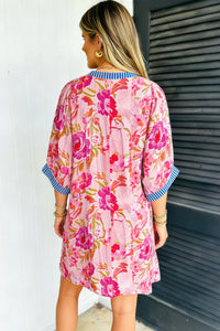 KaleaBoutique Stylish Floral Striped Patchwork Trim Half Sleeve Mini Dress - KaleaBoutique.com