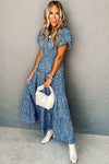 KaleaBoutique Printed V Neck Shirred Short Puff Sleeve Maxi Dress - KaleaBoutique.com
