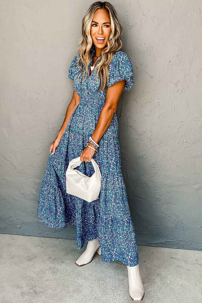 KaleaBoutique Printed V Neck Shirred Short Puff Sleeve Maxi Dress - KaleaBoutique.com