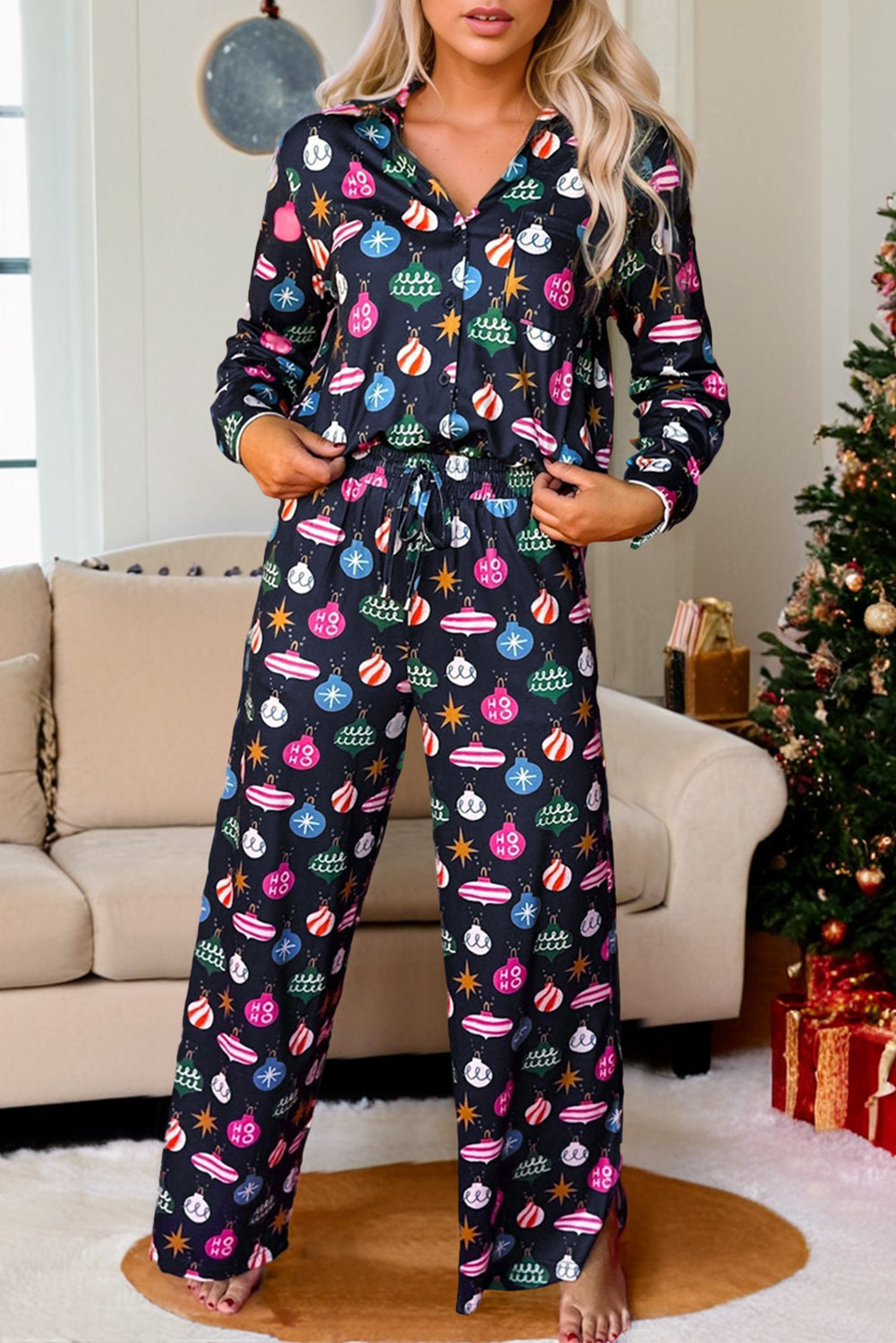 KaleaBoutique Stylish Colorful Christmas Lights Print Shirt and Pants Pajama Set - KaleaBoutique.com