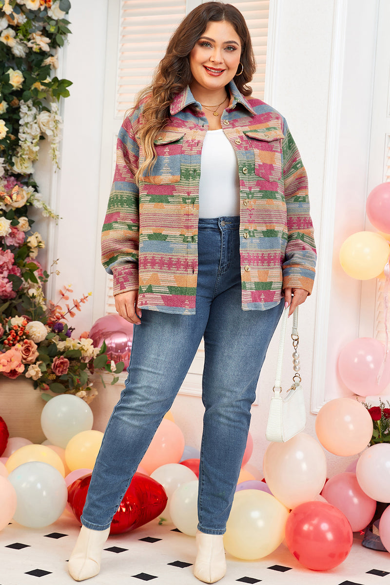 KaleaBoutique Plus Size Aztec Printed Flap Pocket Shacket - KaleaBoutique.com