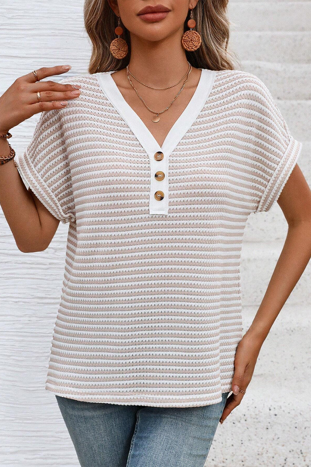 KaleaBoutique Stylish Buttoned Front V Neck Knitted T Shirt - KaleaBoutique.com