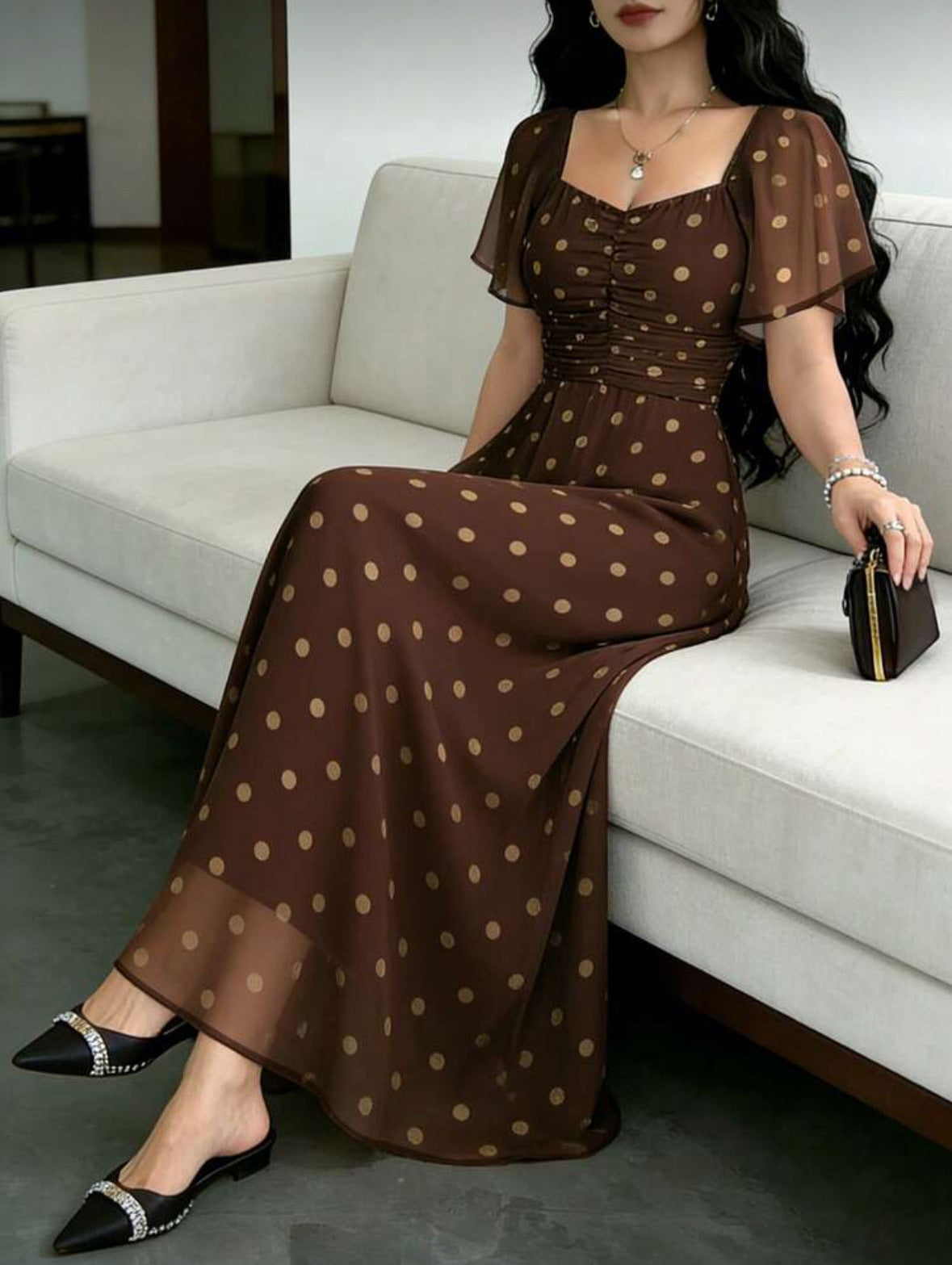 Women's Printed Flutter-Sleeve Ruched-Bodice Maxi Dress - KaleaBoutique.com
