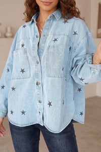 Stars Pattern Long Sleeve Shirt Collar Denim Jacket - KaleaBoutique.com