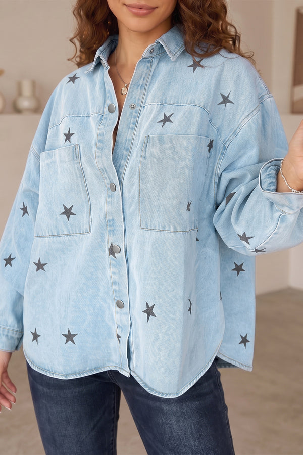 Stars Pattern Long Sleeve Shirt Collar Denim Jacket - KaleaBoutique.com