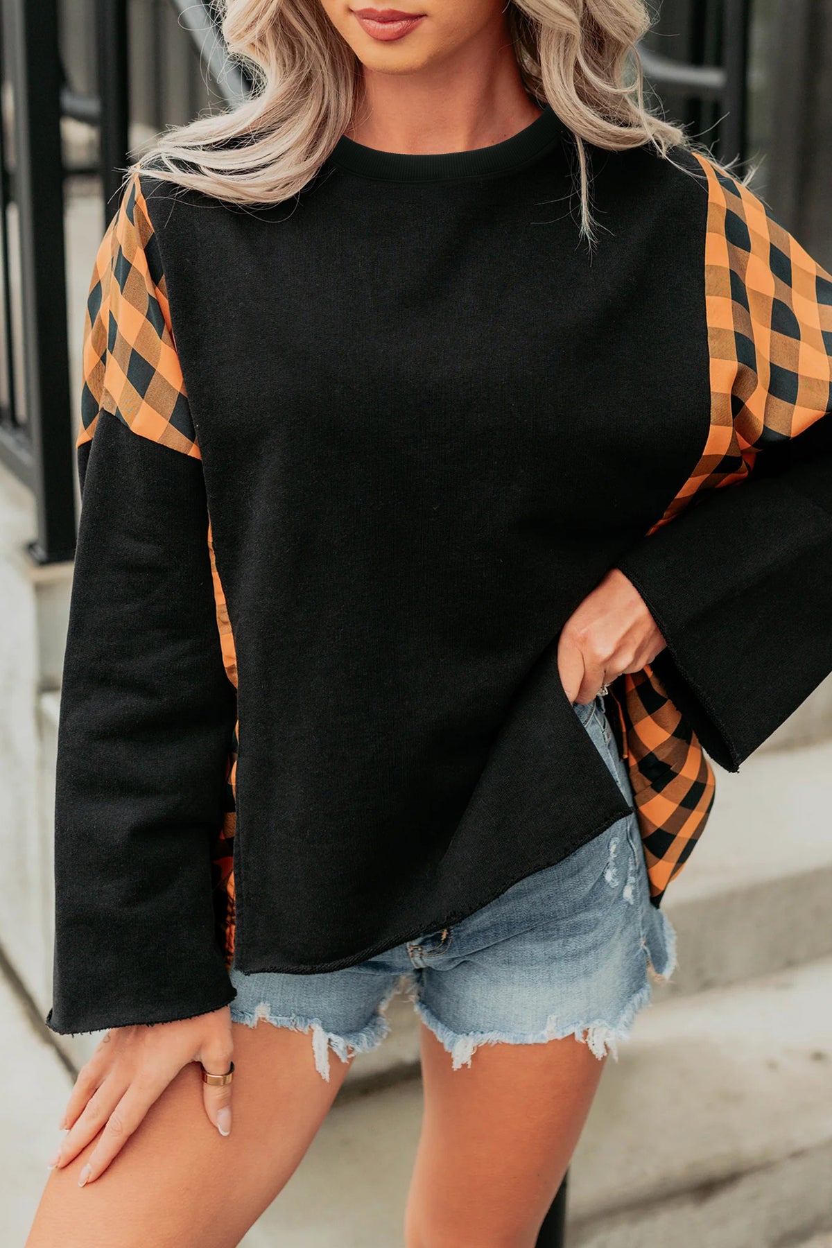 KaleaBoutique Stylish Patchwork Plaid Pumpkin Face Long Sleeve Top - KaleaBoutique.com