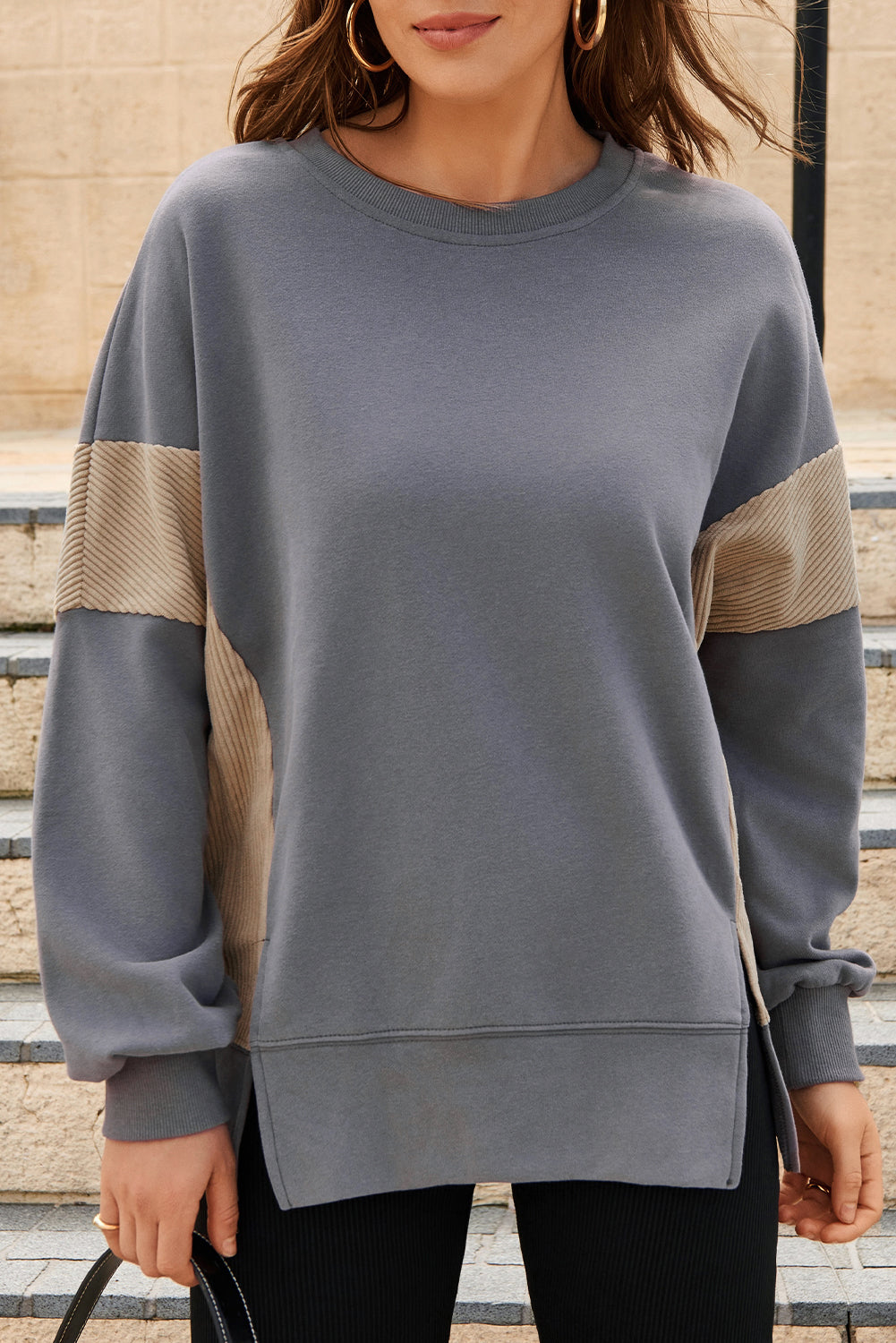 Corduroy Patched Side Slit Sweatshirt - KaleaBoutique.com