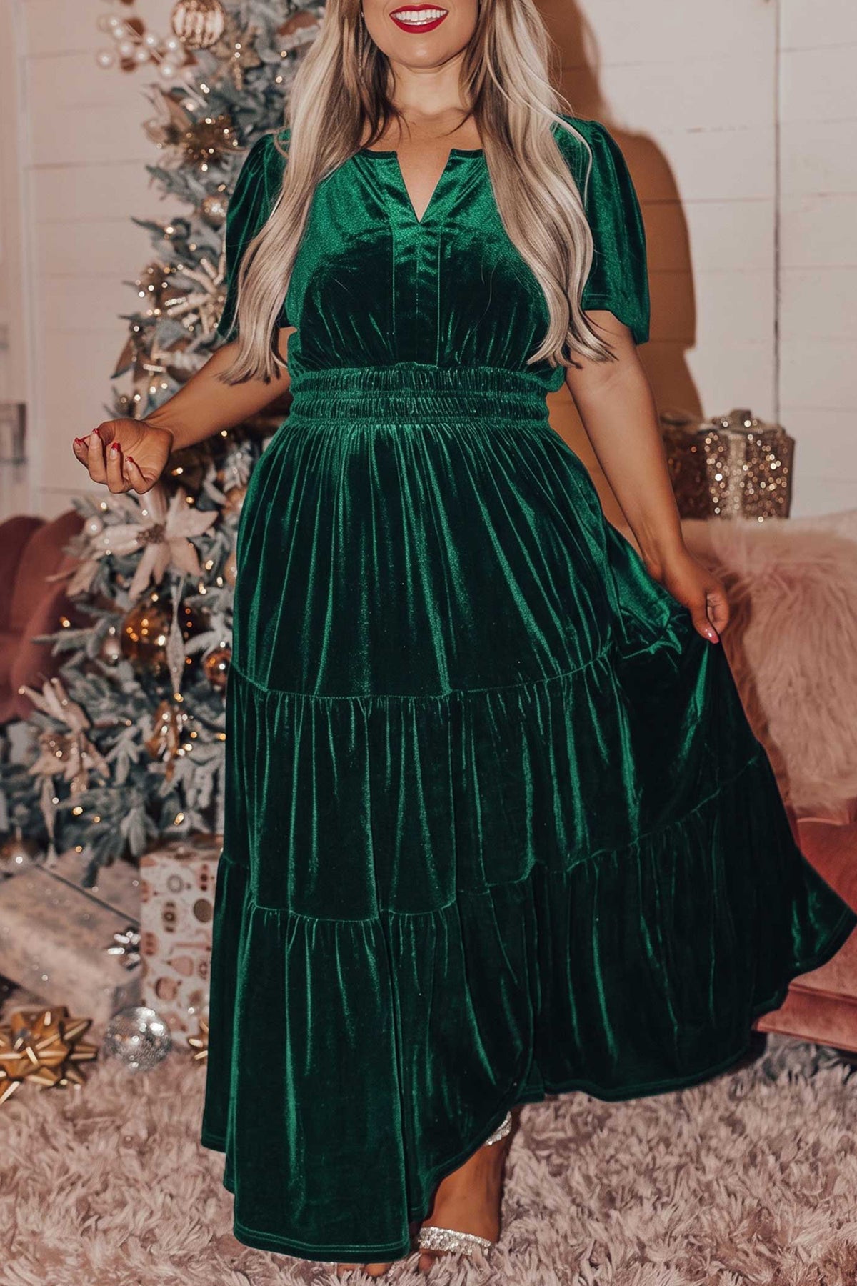Blackish Green Plus Size Velvet Tiered Maxi Dress - KaleaBoutique.com