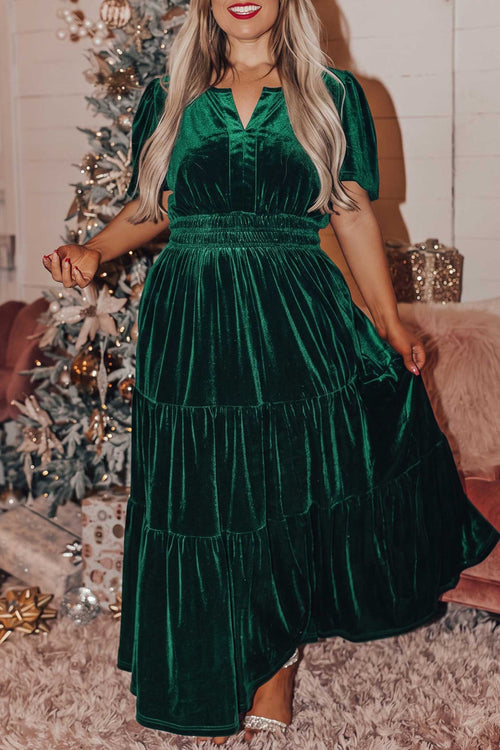 Blackish Green Plus Size Velvet Tiered Maxi Dress - KaleaBoutique.com