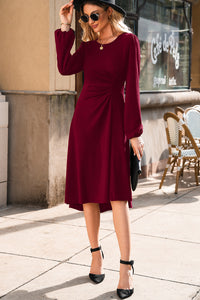 Solid Color Ruched Detail Long Sleeve Midi Dress - KaleaBoutique.com