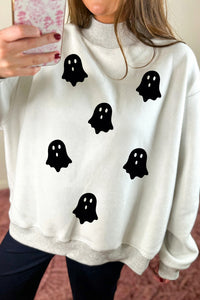 Light Grey BOO Ghost Print Reversible Mock Neck Halloween Sweatshirt - KaleaBoutique.com