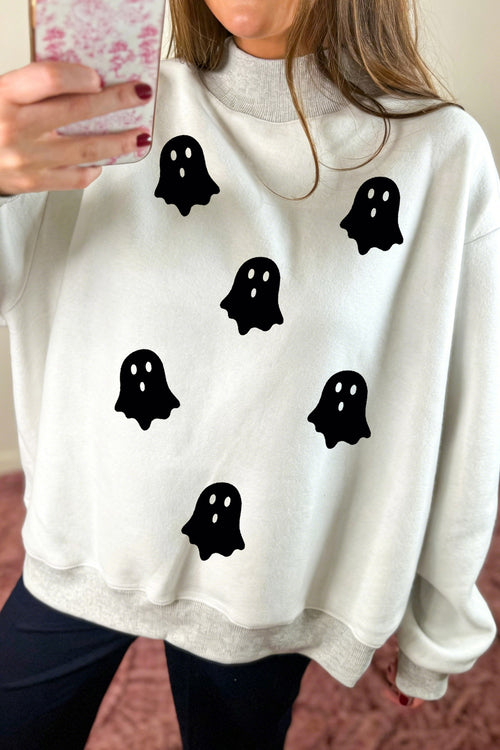 Light Grey BOO Ghost Print Reversible Mock Neck Halloween Sweatshirt - KaleaBoutique.com