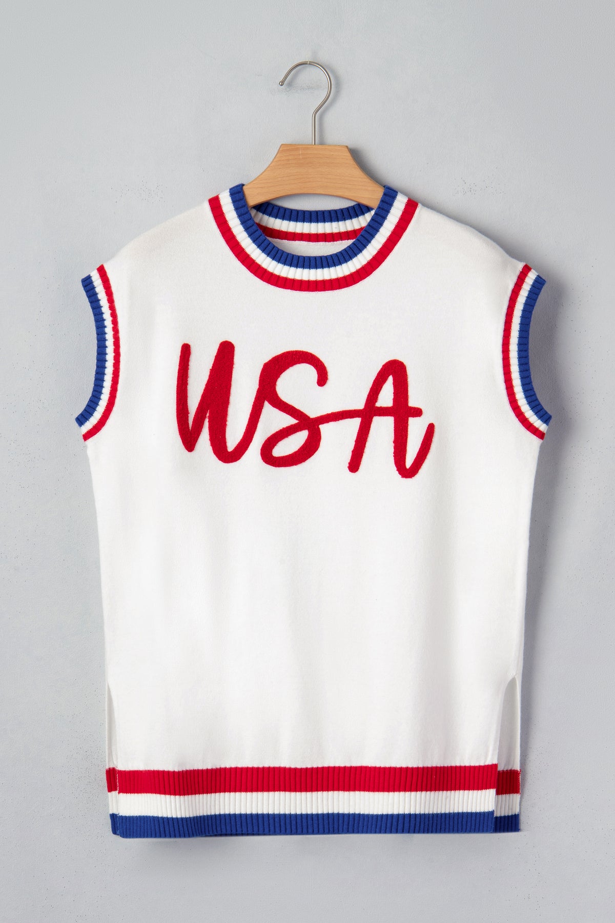 KaleaBoutique Stylish USA Contrast Striped Trim Round Neck Short Sleeve Sweater - KaleaBoutique.com
