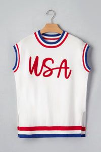 KaleaBoutique Stylish USA Contrast Striped Trim Round Neck Short Sleeve Sweater - KaleaBoutique.com