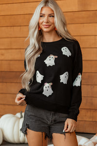 Black Sequin Bow Ghost Halloween Crew Neck Sweatshirt - KaleaBoutique.com