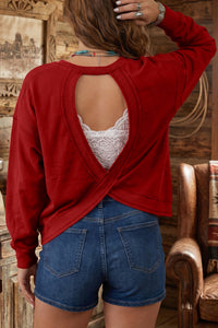 KaleaBoutique Stylish Ribbed Detail Drop Shoulder Cutout Back Sweatshirt - KaleaBoutique.com