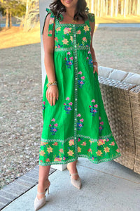KaleaBoutique Beautiful Floral Print Contrast Trim Knotted Straps Midi Dress - KaleaBoutique.com
