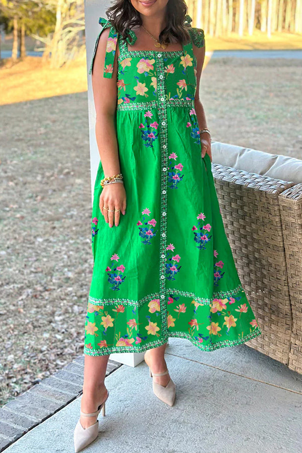 KaleaBoutique Beautiful Floral Print Contrast Trim Knotted Straps Midi Dress - KaleaBoutique.com