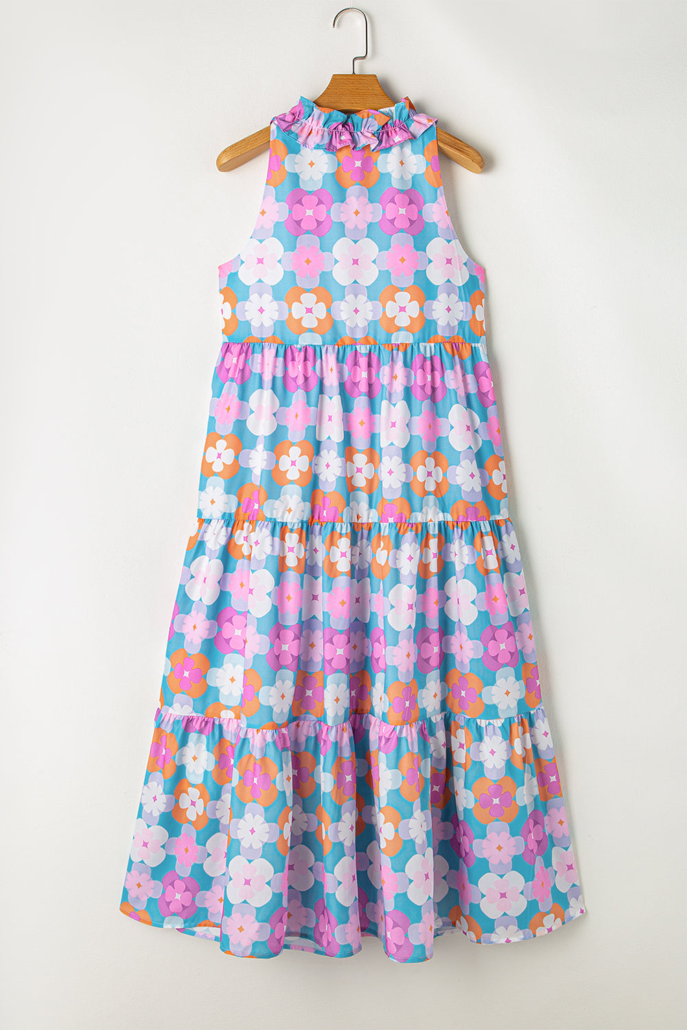 Floral Print Frilly Neck Sleeveless Tiered Maxi Dress - KaleaBoutique.com