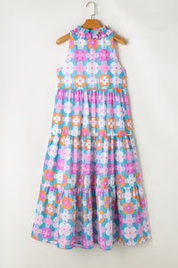 Floral Print Frilly Neck Sleeveless Tiered Maxi Dress - KaleaBoutique.com