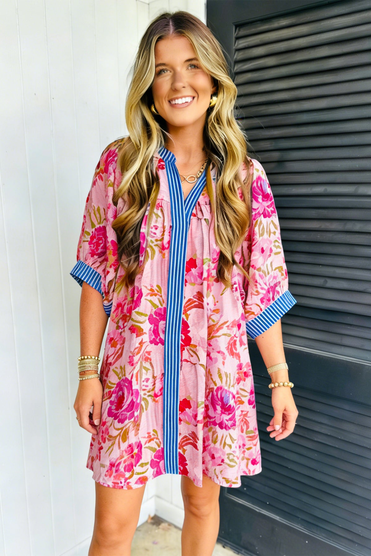 KaleaBoutique Stylish Floral Striped Patchwork Trim Half Sleeve Mini Dress - KaleaBoutique.com