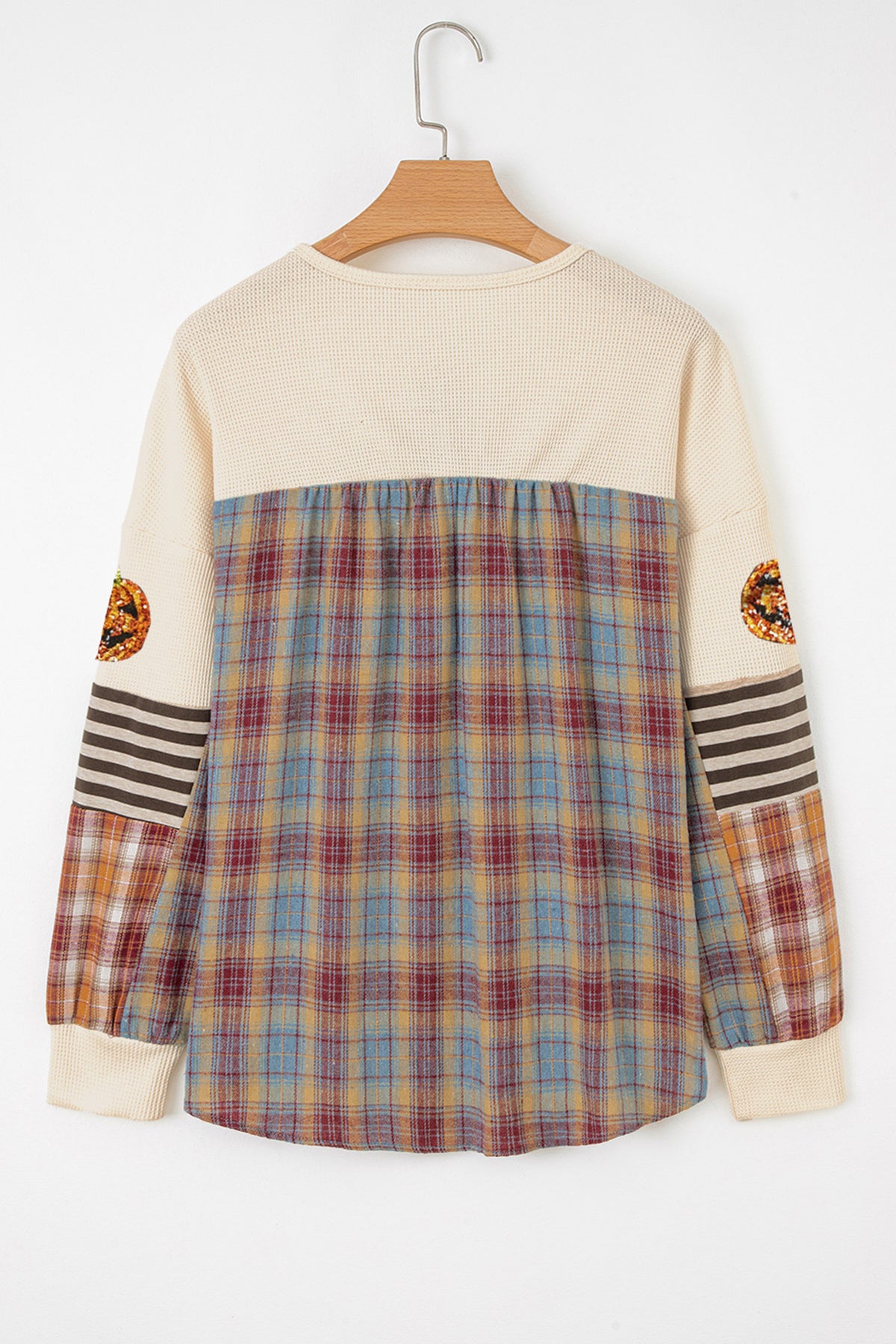 Beige Sequin Pumpkin Henley Waffle Top - KaleaBoutique.com