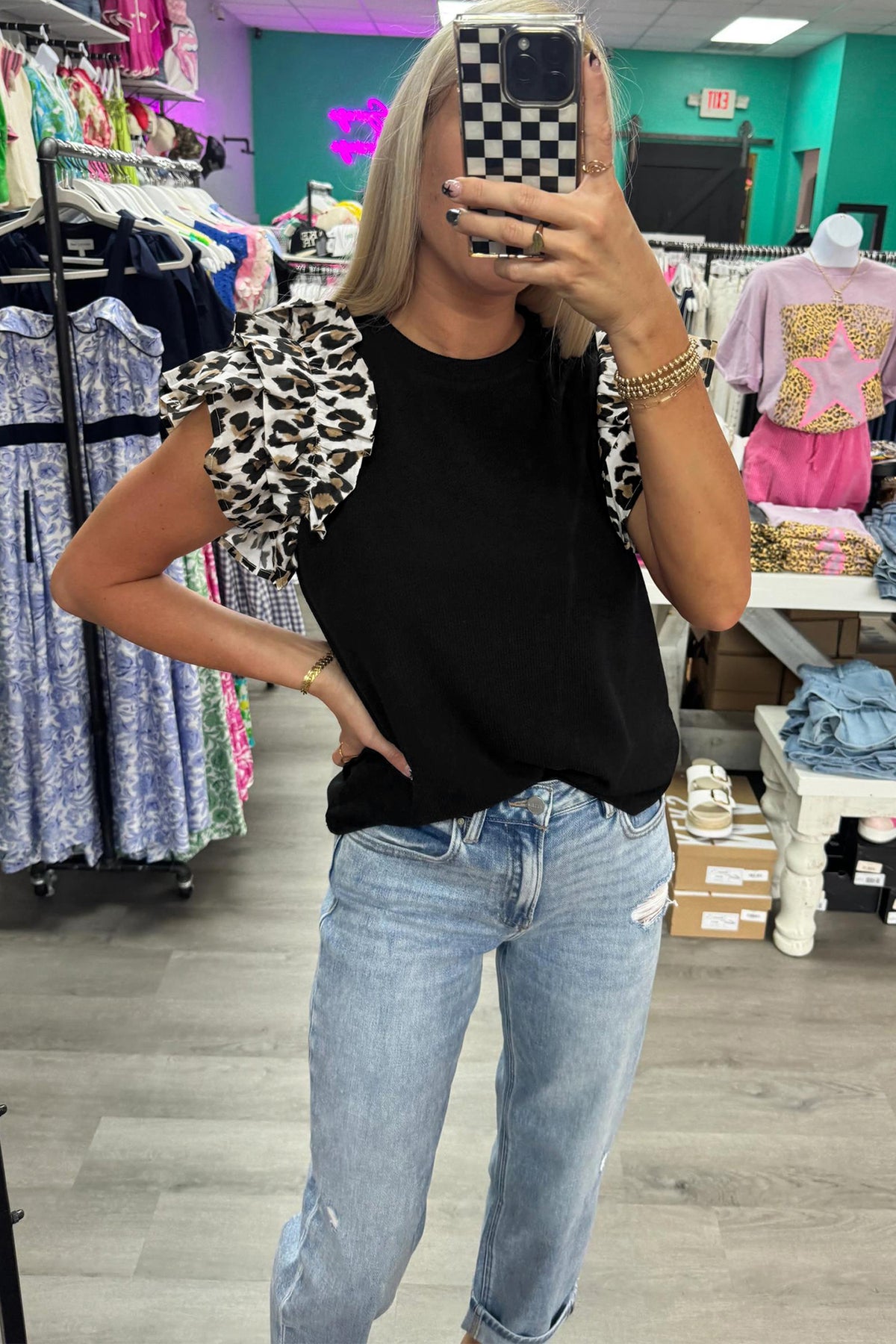 Contrast Leopard Ruffled Short Sleeve Ribbed Knit Top - KaleaBoutique.com