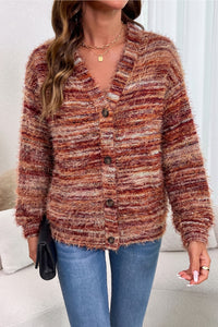 KaleaBoutique Stylish Fuzzy Striped Button Front Cardigan Sweater - KaleaBoutique.com