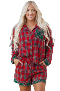 KaleaBoutique Comfortable Dearlovers Plaid Contrast Patched Christmas Holiday Long Sleeve Shirt and Short 2pcs Pajama Set - KaleaBoutique.com