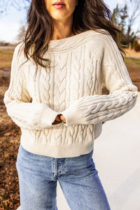 Drop Shoulder Round Neck Cable Knit Sweater - KaleaBoutique.com