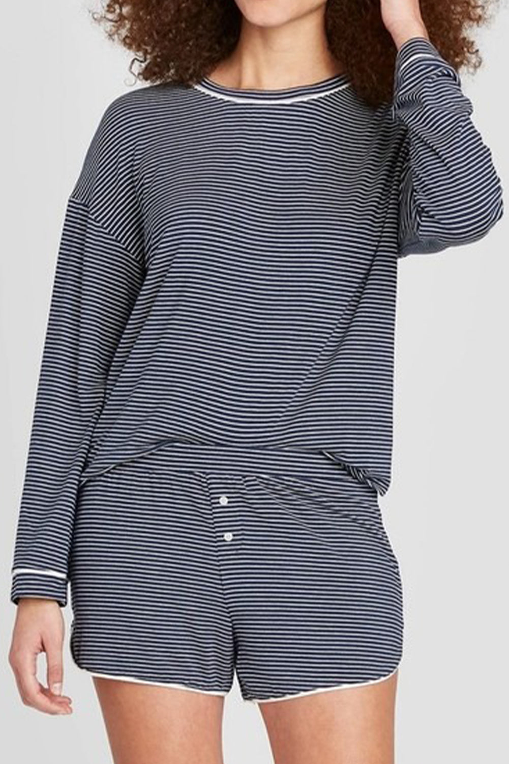 KaleaBoutique Stylish Blue Drop Shoulder Round Neck Long Sleeve Tee and Buttoned Shorts 2pcs Lounge Set - KaleaBoutique.com