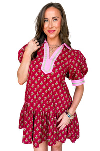 Floral Print Contrasted V Neck Short Bubble Sleeve Mini Dress - KaleaBoutique.com