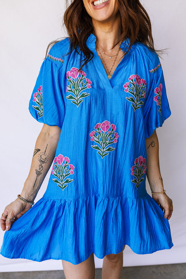 KaleaBoutique Stylish Flower Embroidered Split Neck Short Puff Sleeve Ruffle Hem Dress - KaleaBoutique.com