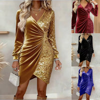 Elegant Sequins Design Long Sleeve Party Dress Women Sexy V Neck Bodycon Dresses For Women Evening Dress Christmas Clothes - KaleaBoutique.com