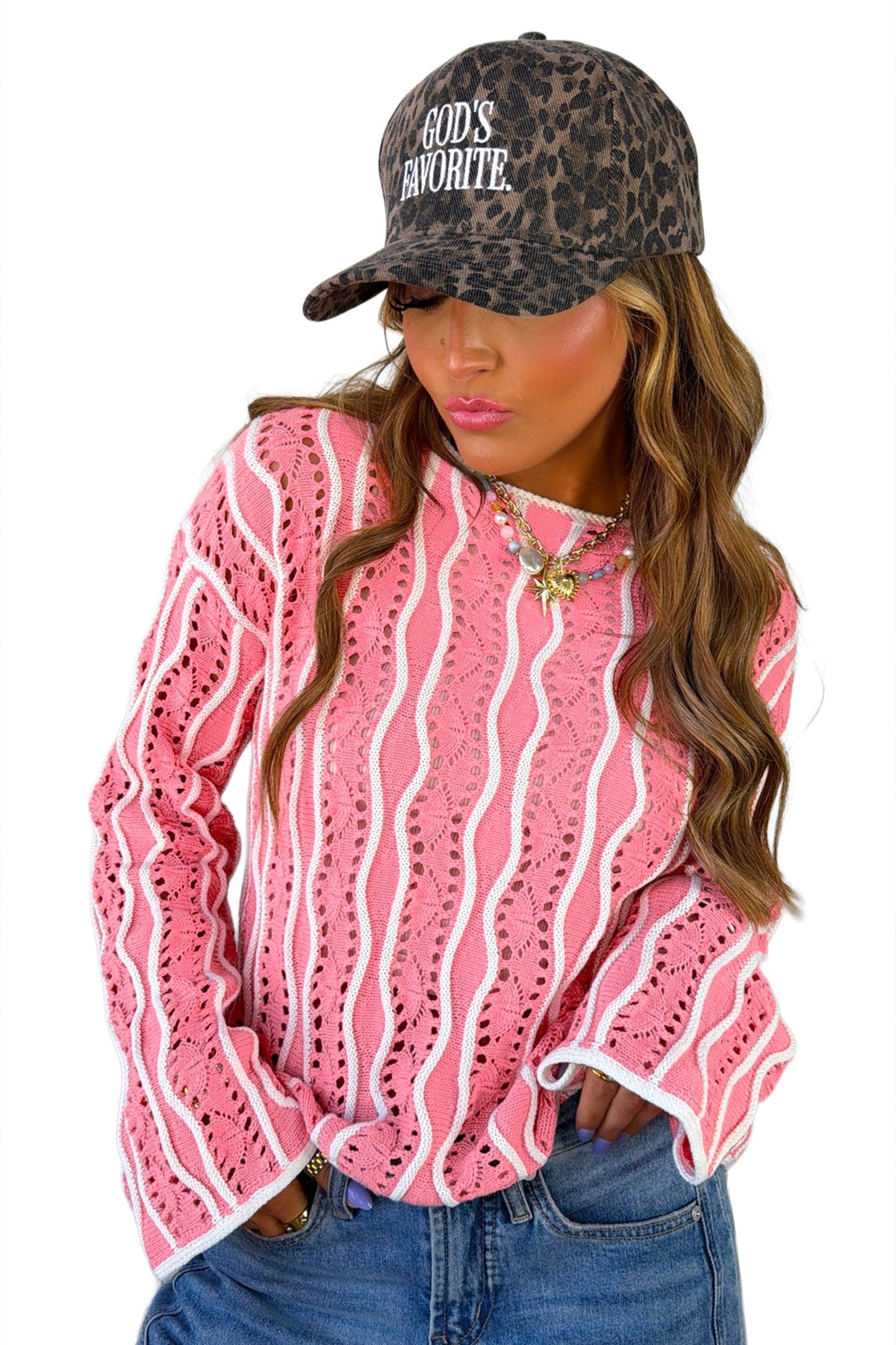 Wavy Detail Hollow Out Knit Long Sleeve Cotton Pullover Sweater - KaleaBoutique.com