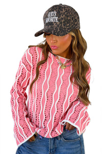 Wavy Detail Hollow Out Knit Long Sleeve Cotton Pullover Sweater - KaleaBoutique.com