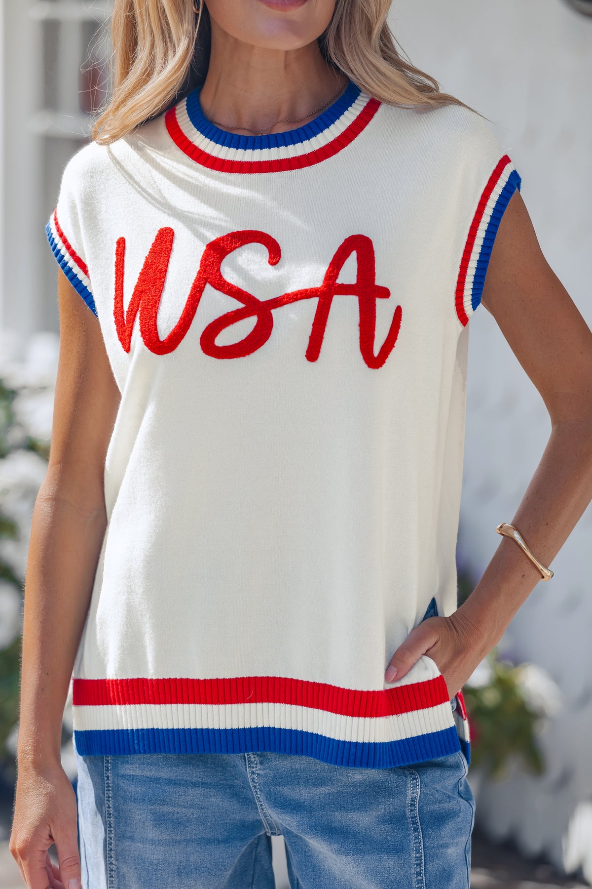 KaleaBoutique Stylish USA Contrast Striped Trim Round Neck Short Sleeve Sweater - KaleaBoutique.com