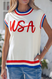 KaleaBoutique Stylish USA Contrast Striped Trim Round Neck Short Sleeve Sweater - KaleaBoutique.com