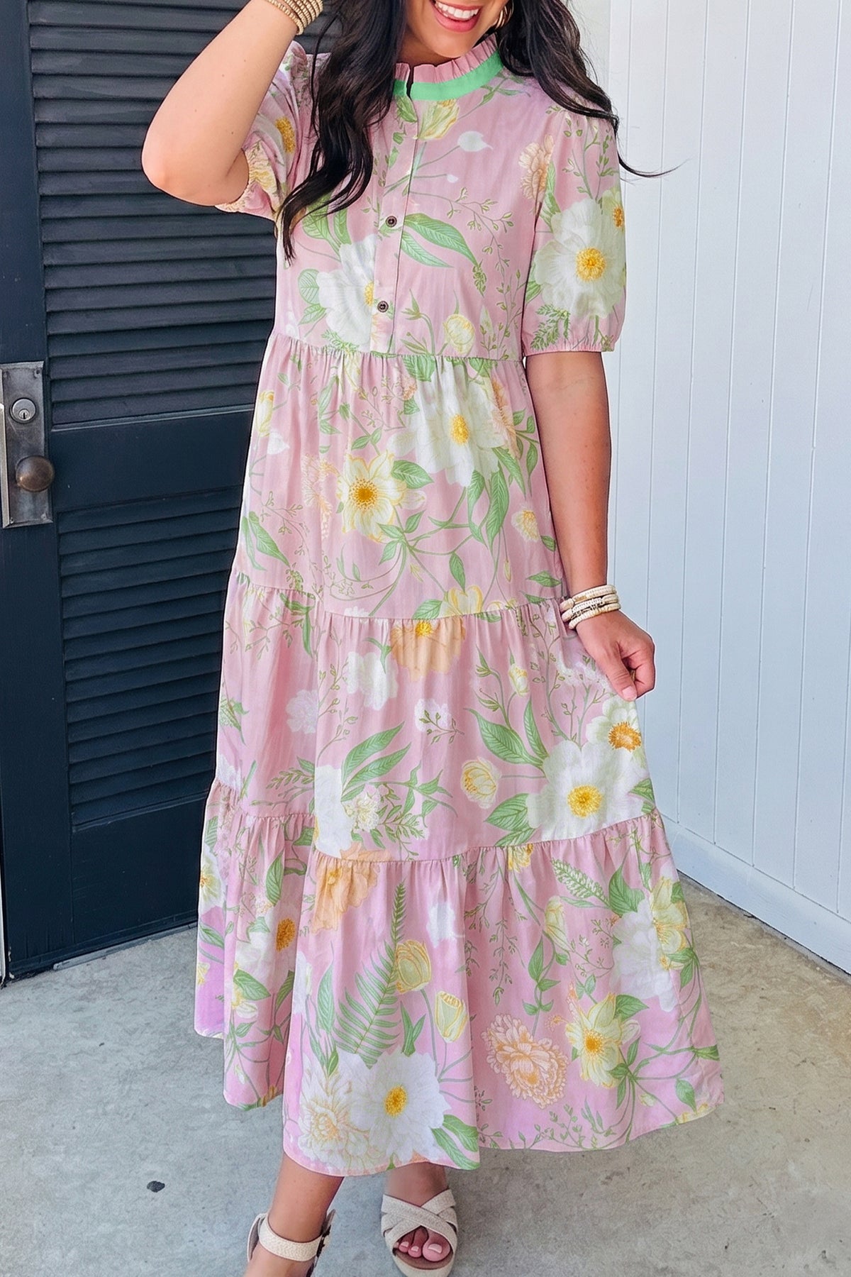 KaleaBoutique Comfortable Floral Print Short Puff Sleeve High Waist Tiered Maxi Dress - KaleaBoutique.com