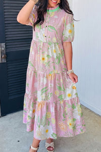 KaleaBoutique Comfortable Floral Print Short Puff Sleeve High Waist Tiered Maxi Dress - KaleaBoutique.com