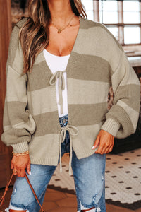 KaleaBoutique Comfortable Striped Color Block Brushed Knit Bow Tie Front Sweater Cardigan - KaleaBoutique.com