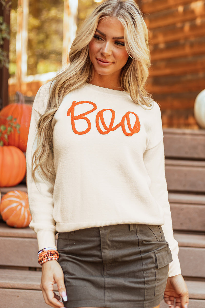 KaleaBoutique Boo Knitted Pattern Ribbed Edge Drop Shoulder Sweater - KaleaBoutique.com