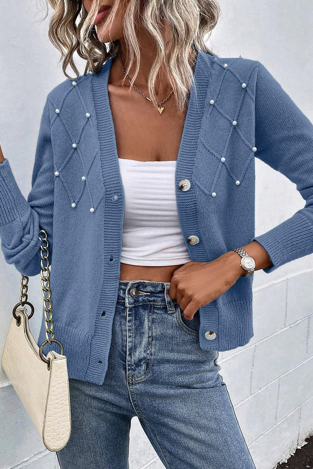 KaleaBoutique Textured Knit Pearl Beaded Button Up Cardigan - KaleaBoutique.com